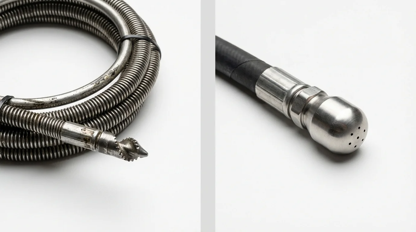Drain snake cable and hydro jetting nozzle used for drain cleaning in Oakdale, CA