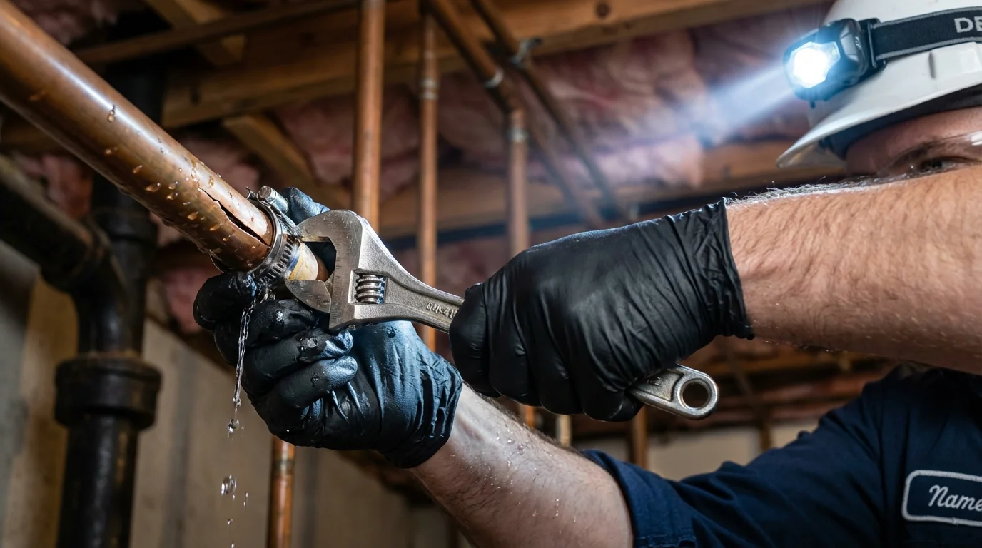 Emergency pipe clamp repair being performed by a Johns Plumbing LLC plumber in Oakdale