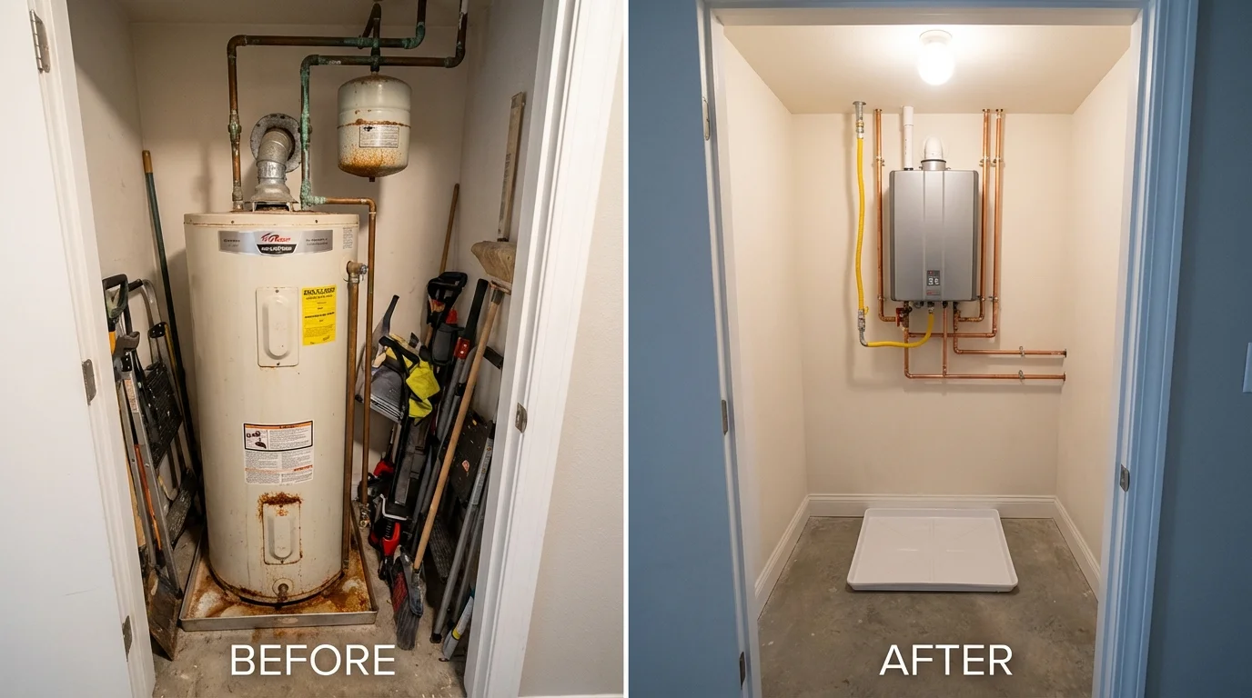 Tank water heater versus wall-mounted tankless unit comparison for Oakdale, CA homeowners