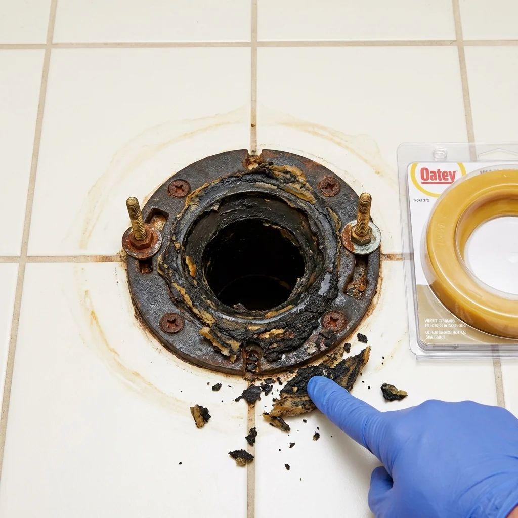 Failed wax ring showing water seepage at the base of a toilet in a Oakdale, CA home
