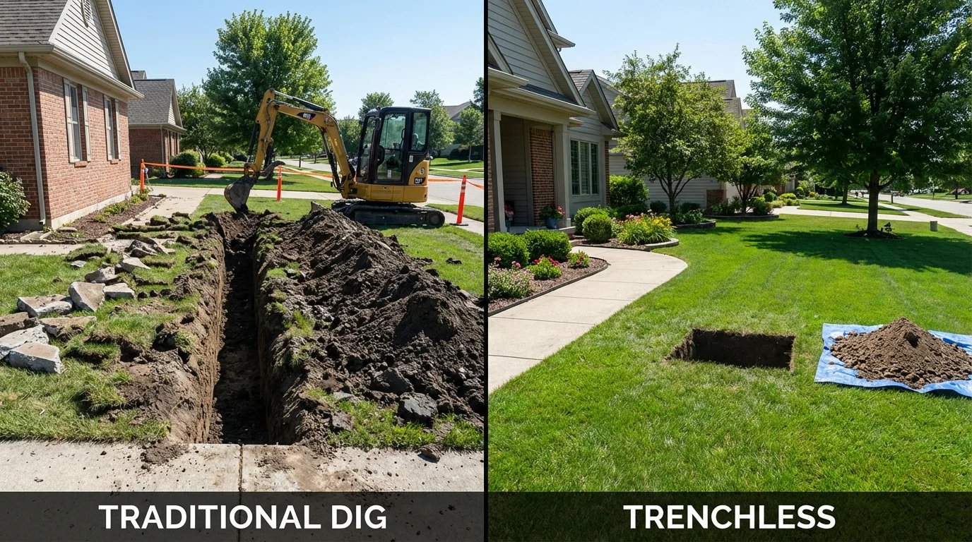 Trenchless sewer repair with minimal yard damage versus traditional excavation in Oakdale, CA