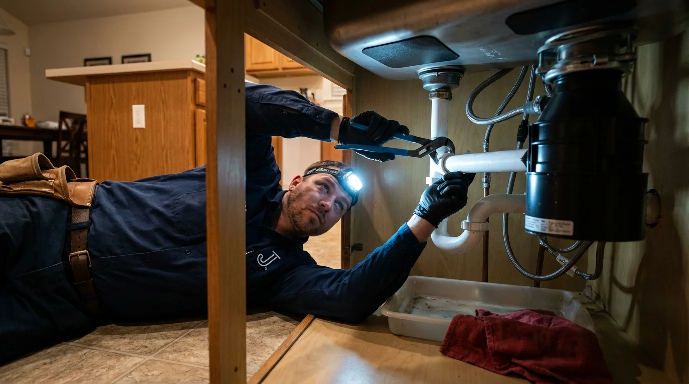 P-trap and supply line connections under a kitchen sink showing a common leak point in Oakdale, CA